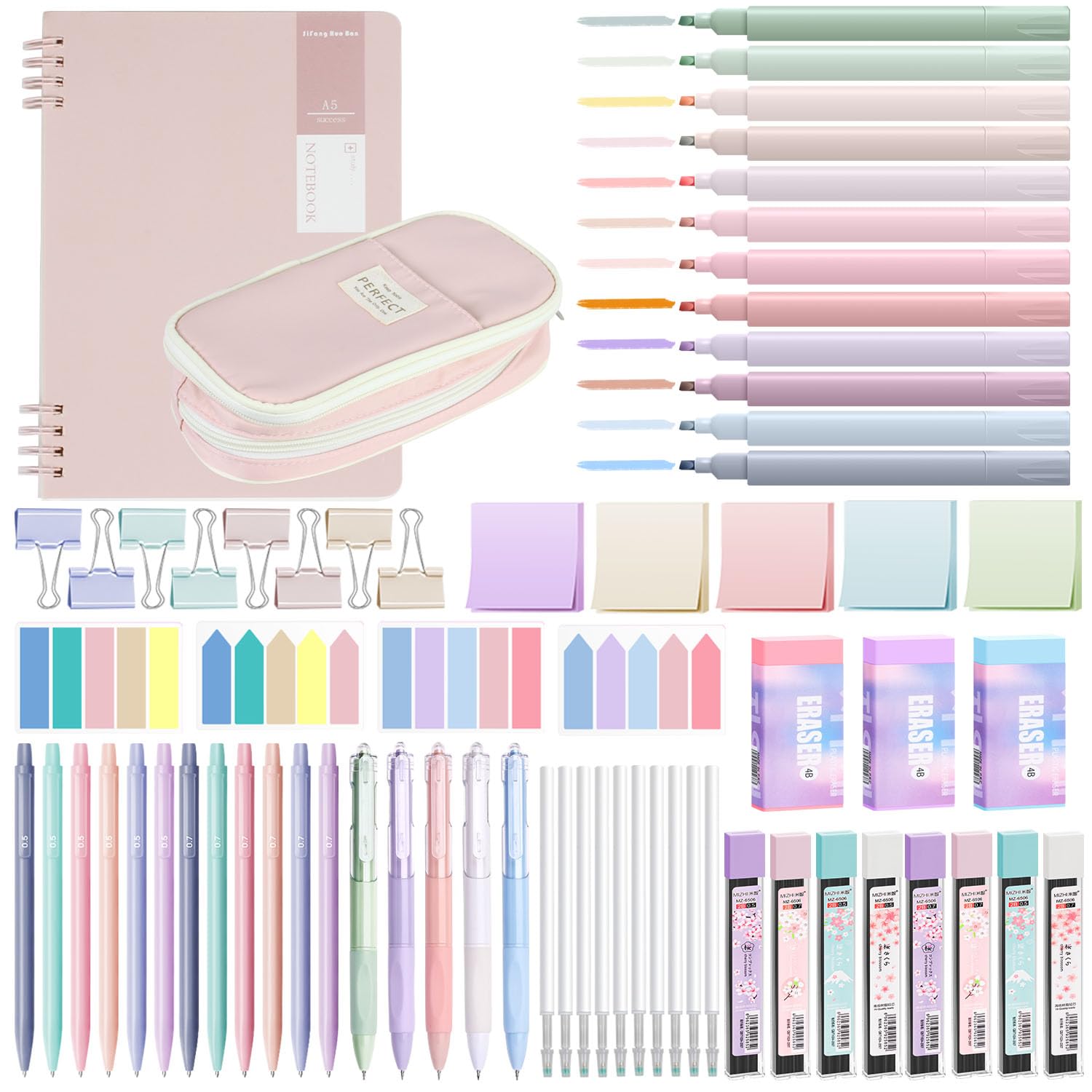 YIBONIKA 69 PCS Aesthetic School Supplies with Pink Pencil Case, 12 Pastel Highlighters, 5 Gel Pens, 12 Mechanical Pencils 0.5 & 0.7 mm, Notebook, Sticky Notes for School Office Stationery