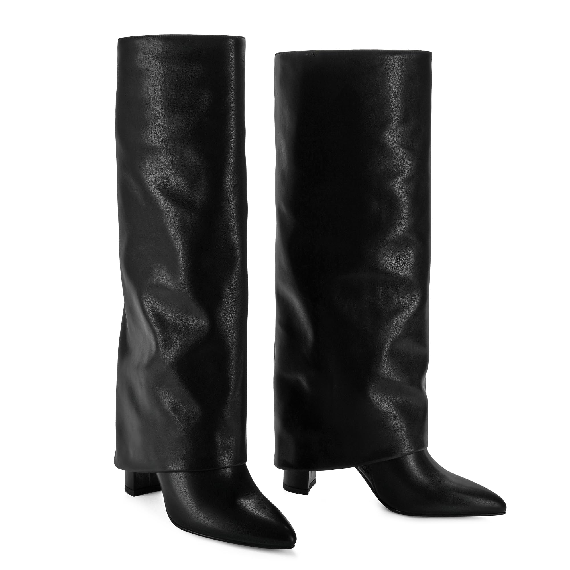 Modatope Knee High Boots Women Fold Over Knee High Boots Chunky High Heels Long Boots Zipper Pointed Toe Dress Tall Boots for Women