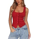 Pungdra Womens Ribbed Button Down Tank Tops for Women Trendy Knit Fitted Button Up Crop Vest Square Neck Cute Going Out Top