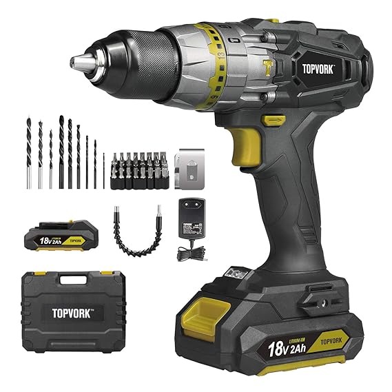 TOPVORK Akku Bohrschrauber 18V, Max 60Nm 20+3 Drehmomentstufen, 2 Gänge, 2x2.0Ah Akkus, Automatische Spindelsperre mit Hammer