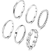 JeryWe 6 Pcs Stainless Steel Rings for Women Set Knuckle Rings Stackable Simple Carve Heart Wedding Bands Engagement Promise Eternity Bands Thumb Rings for Women