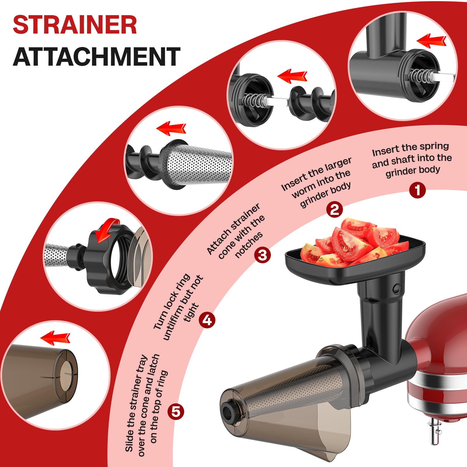 Meat Grinder for Kitchenaid Mixer, Fruit and Vegetable Attachment Strainer for Kitchenaid, Includes Meat Grinder, Strainer Attachment and Sausage Stuffer Tubes for Kitchenaid Mixer Attachments, Black