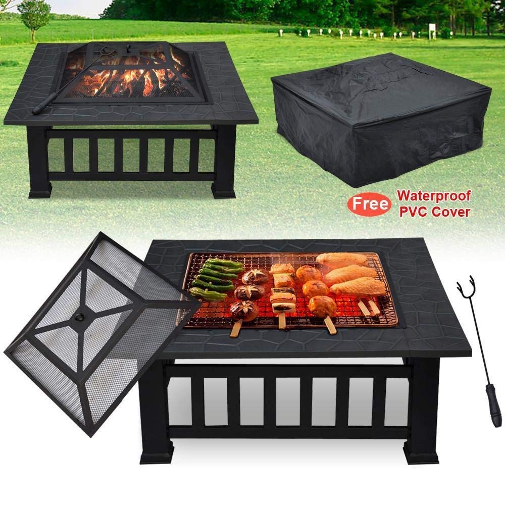 Fobuy Fire Pit With Bbq Grill Shelf Outdoor Metal Brazier Square