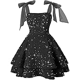 FUMY Sparkly Sequin Short Prom Dresses 2026 Spaghetti Strap Bow Christmas Dress Tiered Cocktail Party Gown FM011