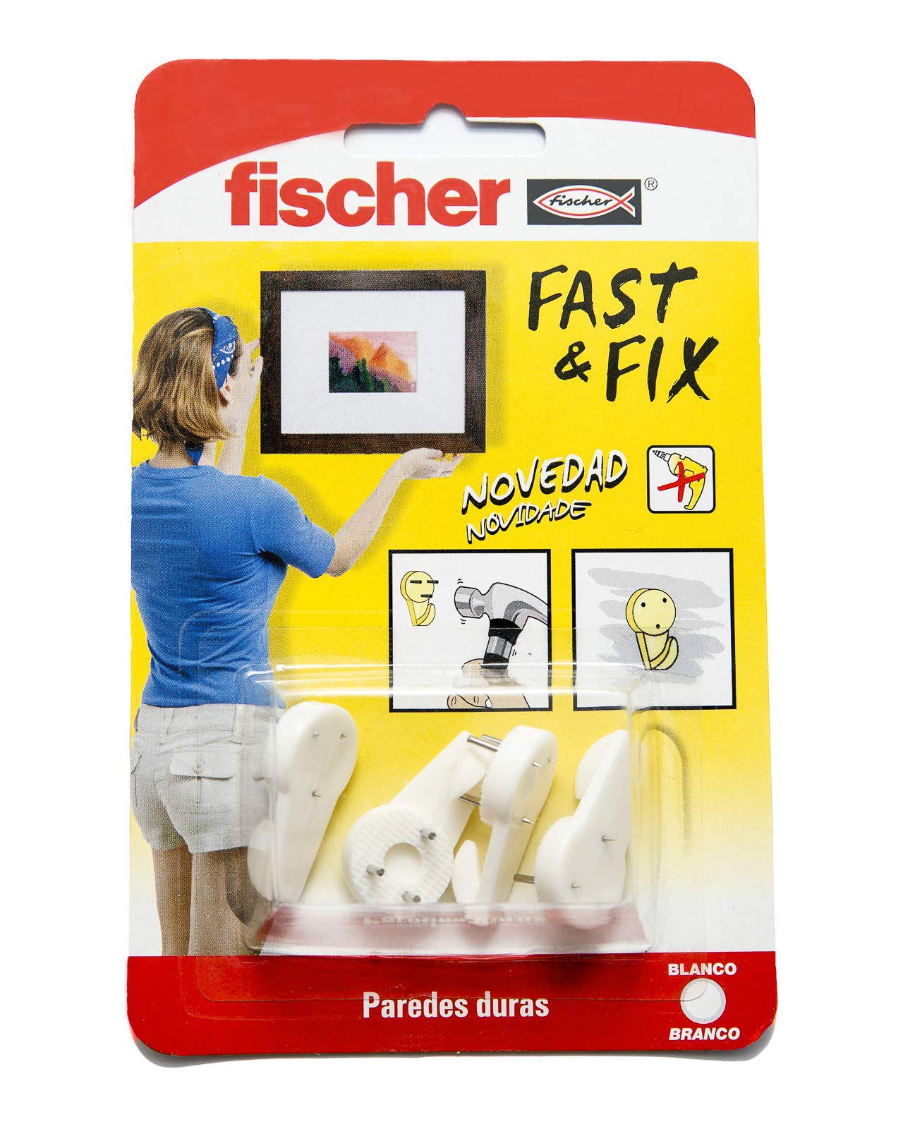 fischer Fast & Fix 3 Point Pictures | Hanging Pictures Without Nails or Holes | Up to 16 kg with 2 Hooks | Reusable | Ideal for Wood, Plasterboard and Plaster | Pack of 4 | White