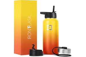 IRON °FLASK Iron Flask Sports Water Bottle - 32oz, 3 Lids (Straw Lid), Stainless Steel Vacuum Insulated, Hot Cold, Modern Double Walled, Simple Thermo Mug (Fire)