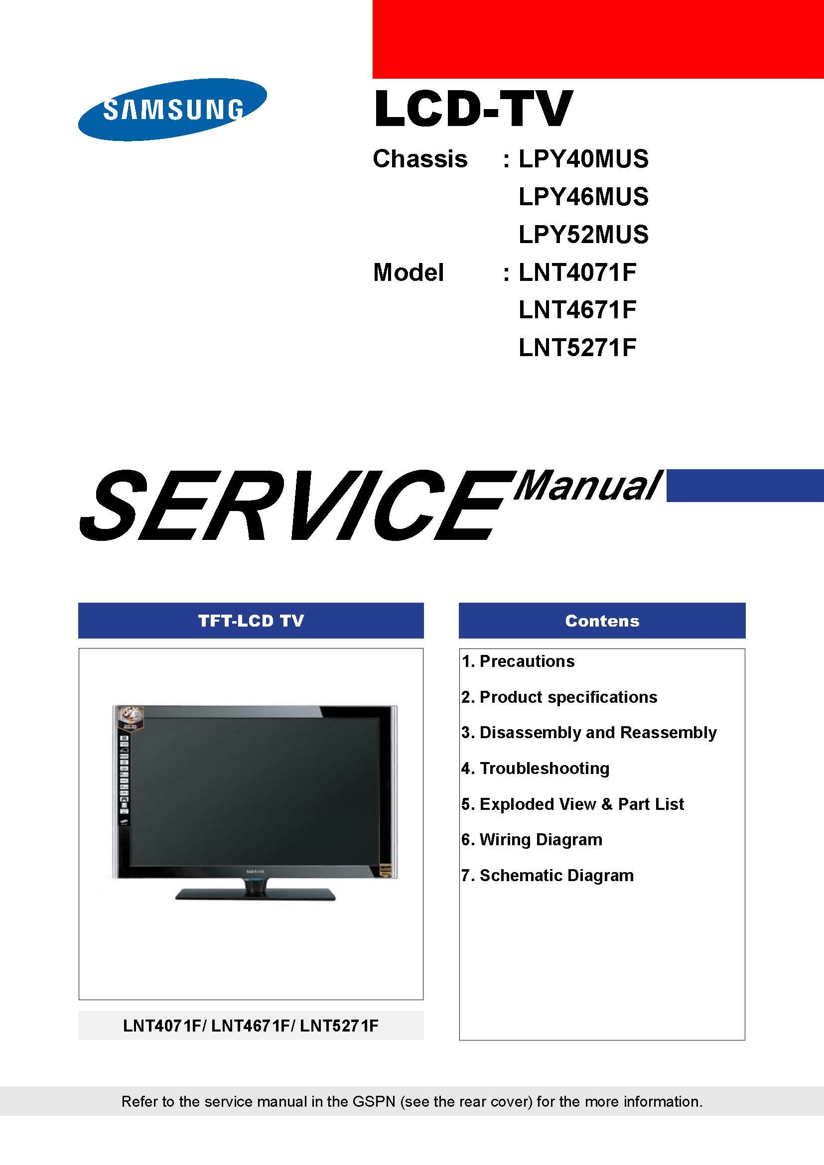 Samsung lnt4071f lnt4671f lnt5271f parts and service manual. Samsung lcd tv  ...