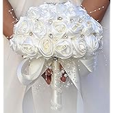 Mhojpik Bridal Wedding Bouquet Round Bling Brooch Bouquet Throw Toss Artificial Rose Flower Bunch for Bride Bridesmaid Wedding Quinceanera(Ivory, 7.5")