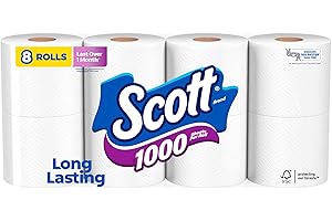Scott 1000 Toilet Paper, 8 Rolls, Septic-Safe, 1-Ply Toilet Tissue