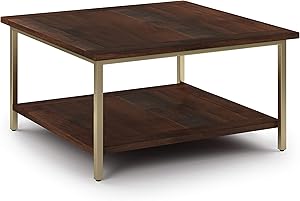 SIMPLIHOME Skyler SOLID MANGO WOOD and Metal 34 inch Wide Square Modern Industrial Coffee Table in Dark Brown / Gold, for the Living Room and Family Room
