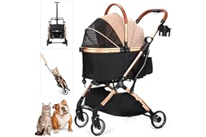 SKISOPGO 3 in 1 Foldable Pet Stroller for Small Medium Dogs Cats, No-Zip with Detachable Carrier, Push Button, Luxury Pet Gear Stroller for Puppy Travel (Khaki)