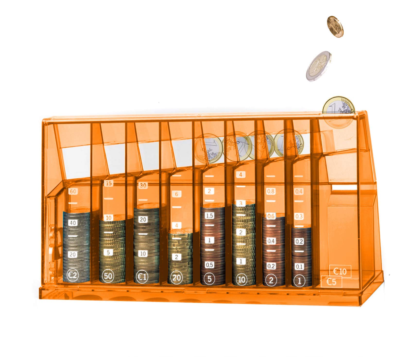 ECB Coin Sorter Euro Box for Office and Children's Rooms Available as a Gift for Adults and Children Also Made from Recycled Plastic Lockable (with Key) Transparent Colourful Orange - Recycled
