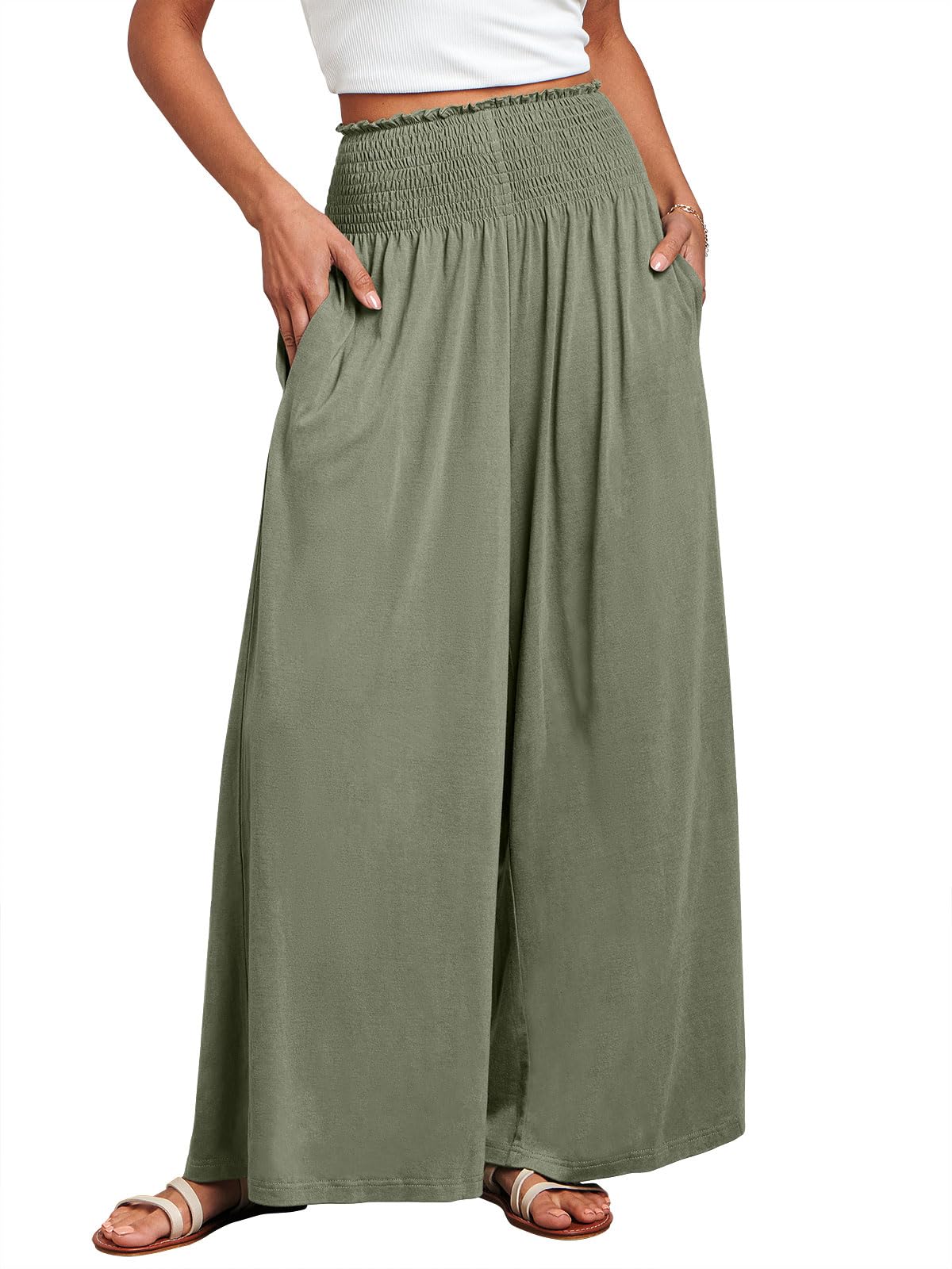 Photo 1 of (SMALL) (BAGGED) ANRABESS Women Palazzo Pants Summer Boho Bagyy Wide Leg High Smocked Waist Casual Loose Lounge Pant with Pocket Olive Small