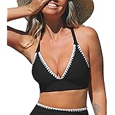 CUPSHE Womens Bikini Top Swimsuit Deep V Neck Top Crisscross Back Tie Shell Stitching Adjustable Straps