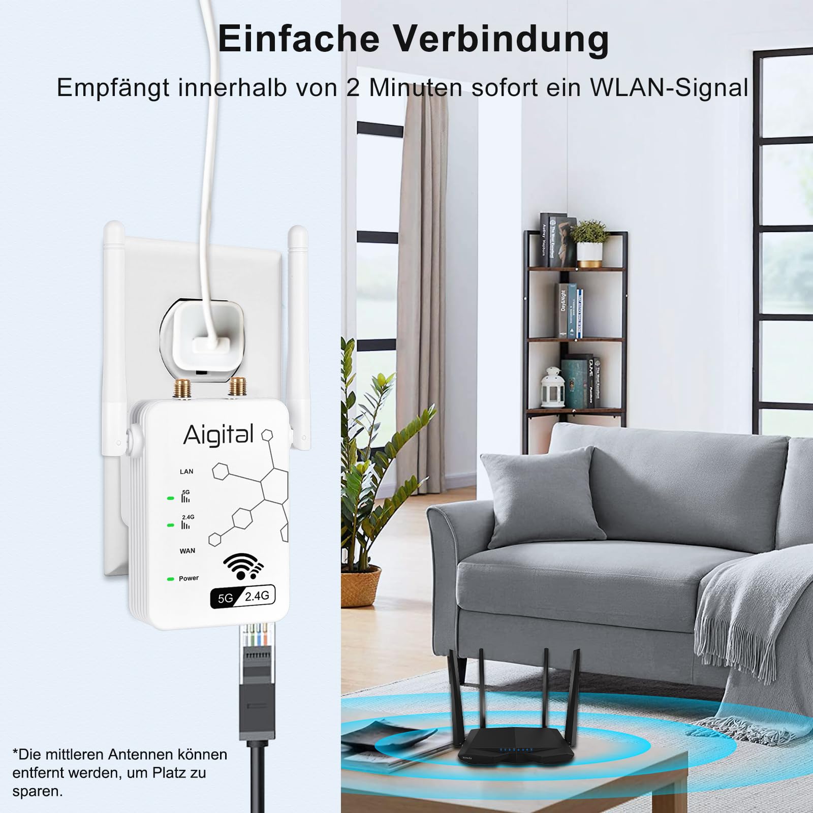 WLAN Verstärker Repeater AC1200 (867 Mbit/s 5GHz, 300 Mbit/s 2,4GHz) Abdeckung bis zu 200 m², Ethernet-Port, AP-Modus, einfache Installation, kompatibel zu Allen WLAN Geräten 5