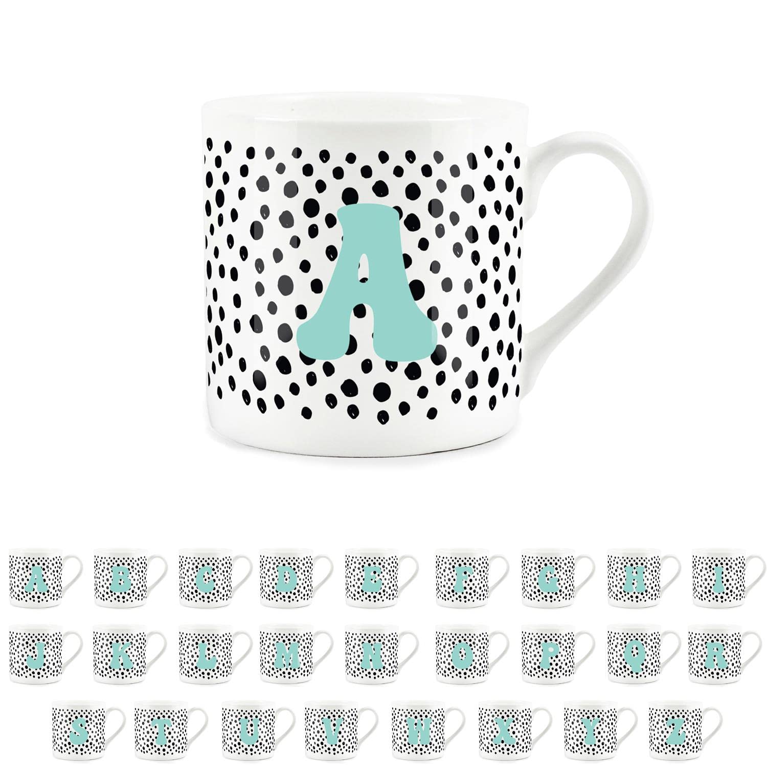 Purely Home Letter Initial Personalised Mugs - Spotty Alphabet Bone China Coffee/Tea Cups (A)
