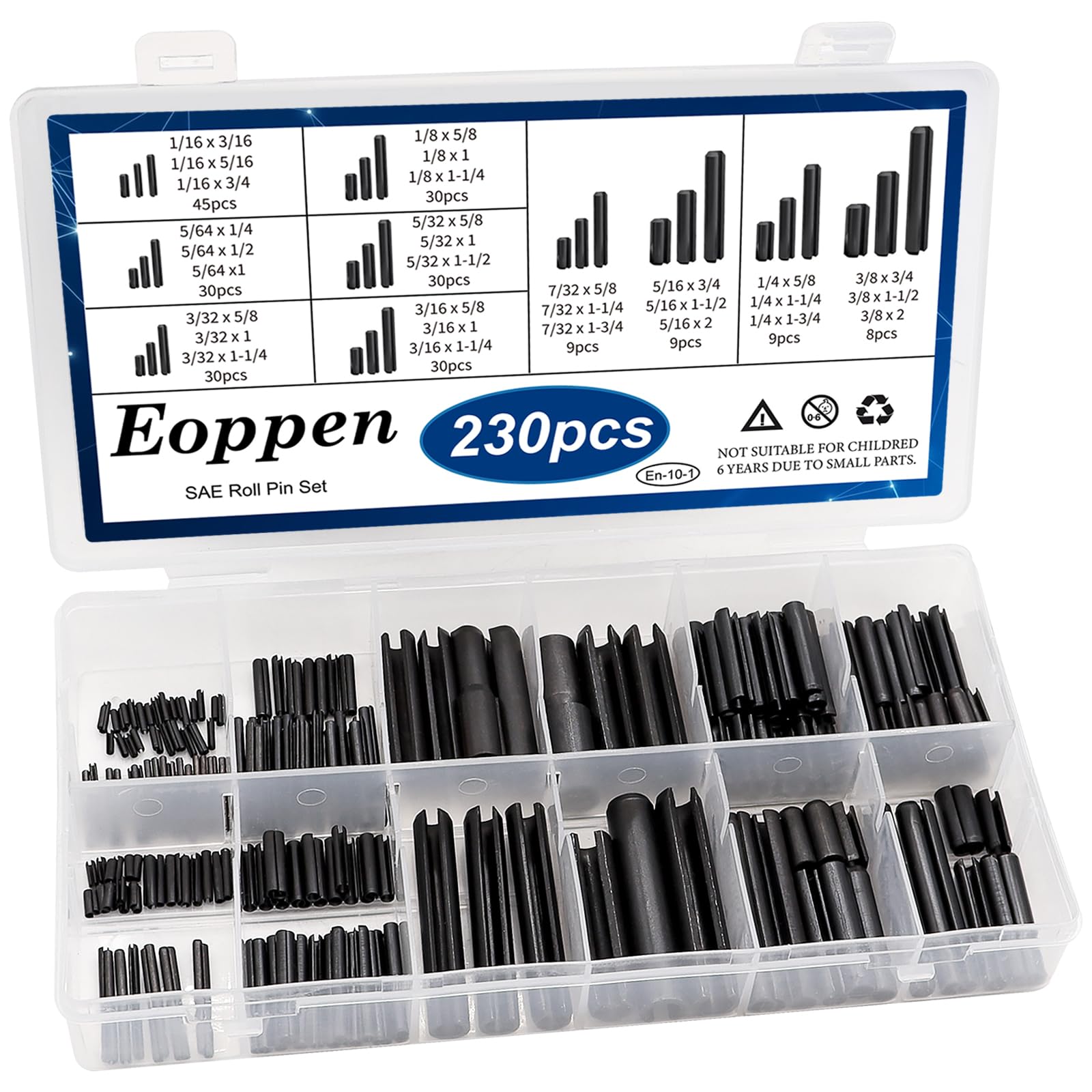 Eoppen 230Pcs SAE Roll Pin Assortment Set - Slotted