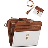 Sunpour Small Wristlet Wallets for Women Keychain Wristlet Wallet RFID Blocking Key Chain Wallet With Zipper Coin Pocket,2 Id Window (Beige＆Brown)