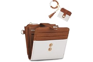 Sunpour Small Wristlet Wallets for Women Keychain Wristlet Wallet RFID Blocking Key Chain Wallet With Zipper Coin Pocket,2 Id Window (Beige＆Brown)
