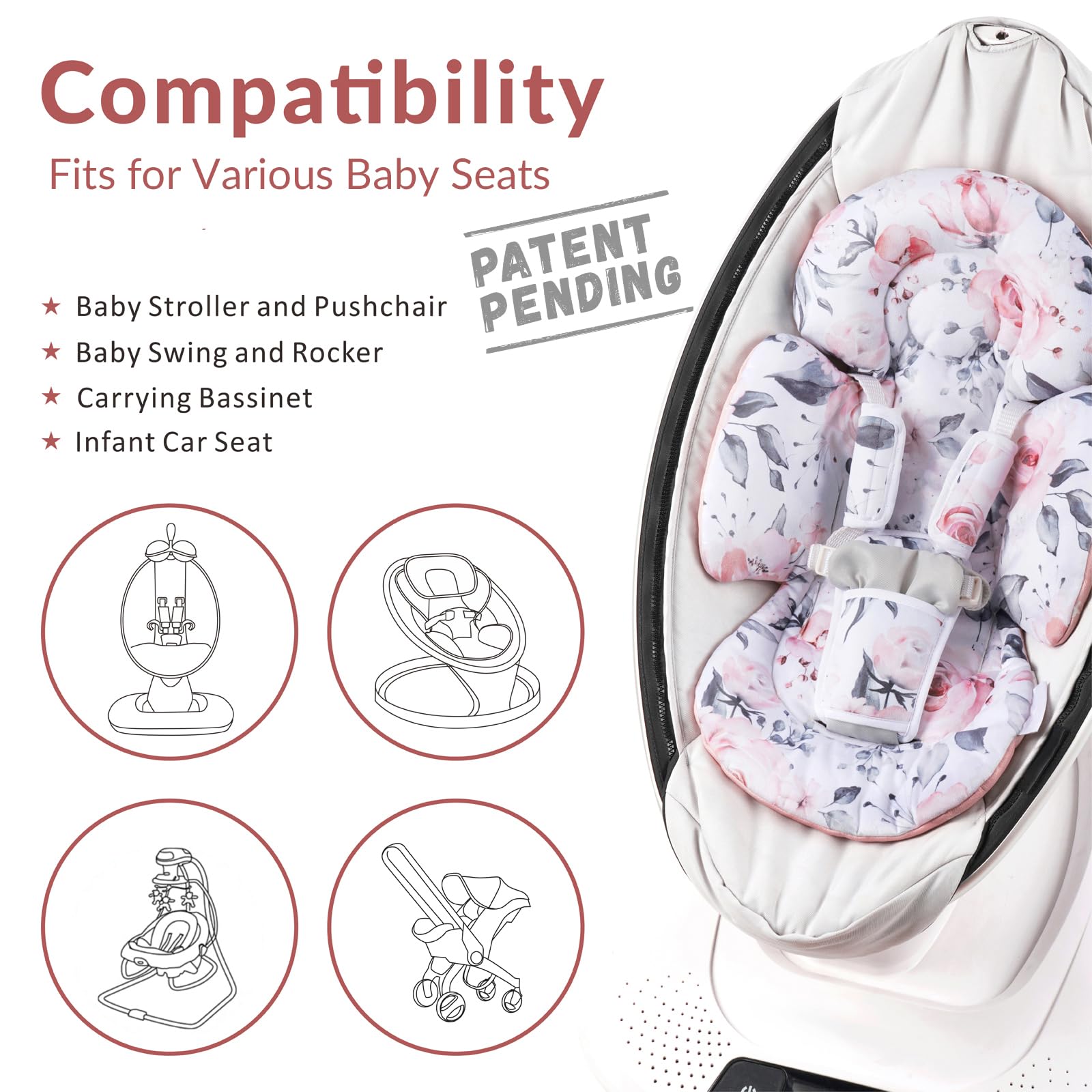 Generic Infant Car Seat Insert Compatible with Mamaroo Swing & Graco Swing and Infant Car Seat, Newborn Insert Baby Head Body Support, Reversible Design, Breathable Soft Fabric, 1Pcs - Pink Floral