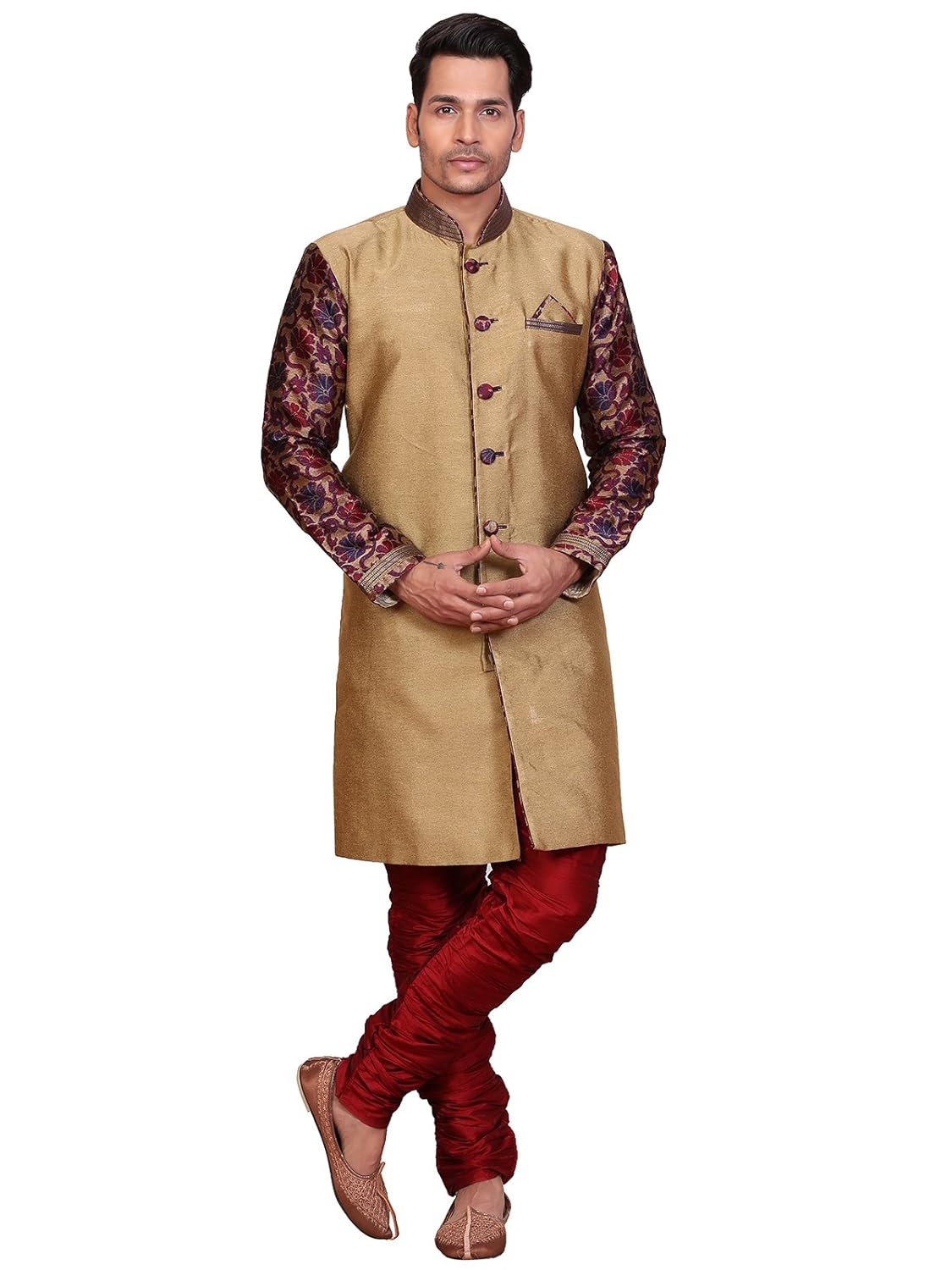 a.b.c. garmentsgolden sherwani with maroon printed sleeve for mens