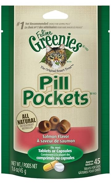 GREENIES FELINE PILL POCKETS FOR CATS NATURAL SOFT CAT TREATS, SALMON FLAVOR, 1.6 OZ. POUCH (45 TREATS)