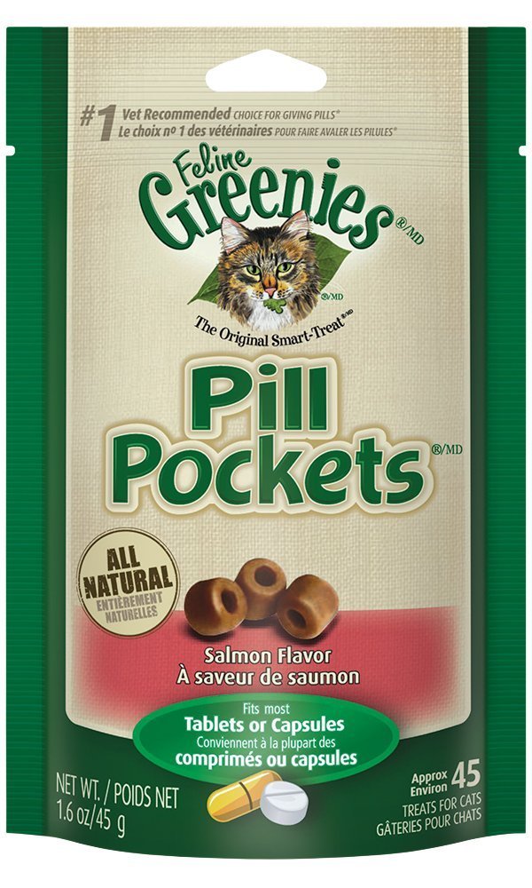 FELINE GREENIES PILL POCKETS for Cats Natural Soft Cat Treats, Salmon Flavor, 1.6 oz. Pack (45 Treats)