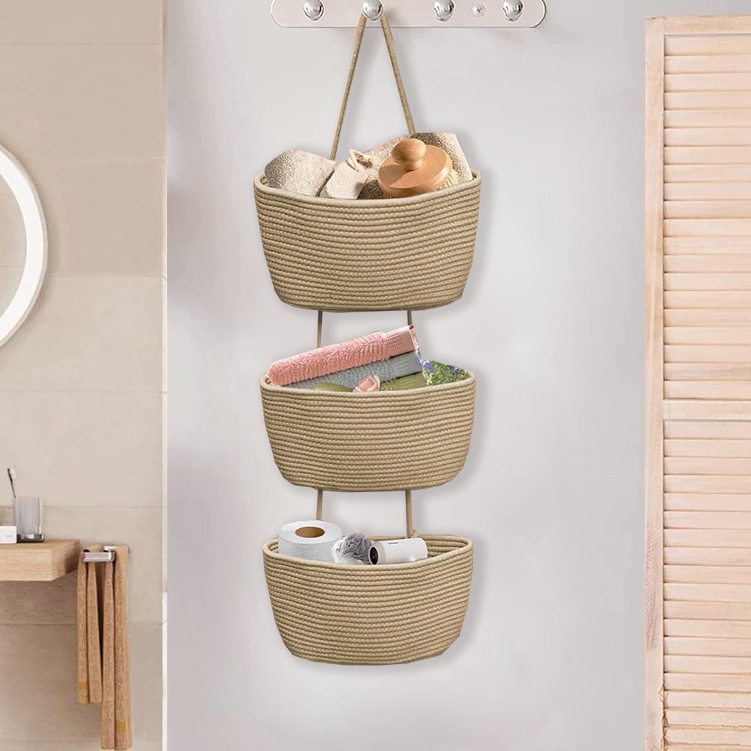 Hanging Organiser Wall, Premium Linen with 3-Tier Hanging Basket Woven Made of Cotton Rope, Hanging Bag, Storage Bag for Bedroom, Living Room (Brown)
