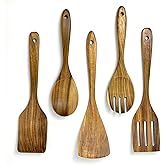 WOODBALA Wooden Utensil Set for Cooking, 5 Pcs Acacia Wood Spatulas for Kitchen use, Non Stick Wooden Kitchen Utensil Set of 5 including Spatula, Spoon, Slotted Turner