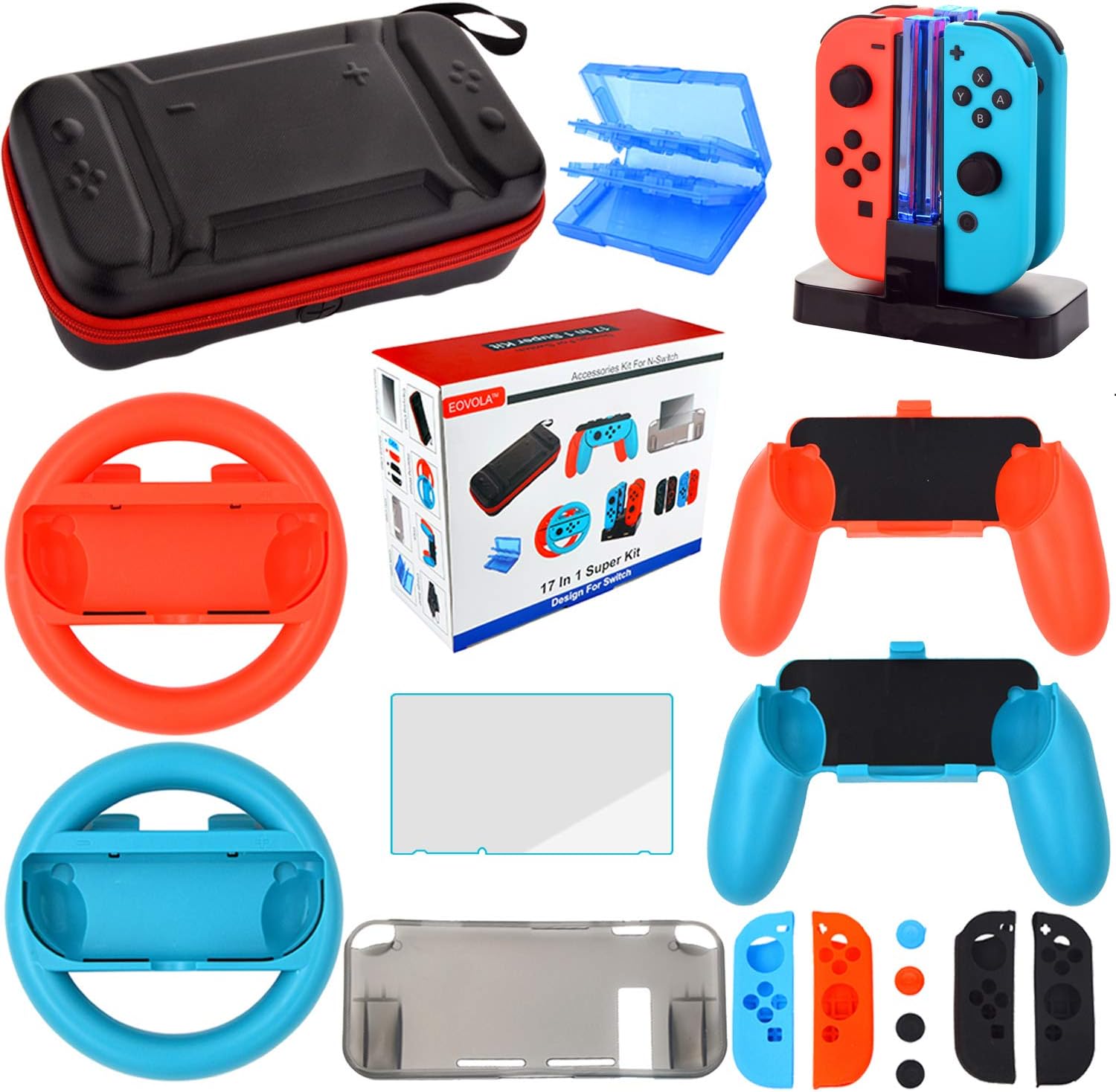 Accessories Kit for Nintendo Switch Games Bundle Wheel Grip Caps Carrying Case Screen Protector Controller (17 In 1): Computers & Accessories