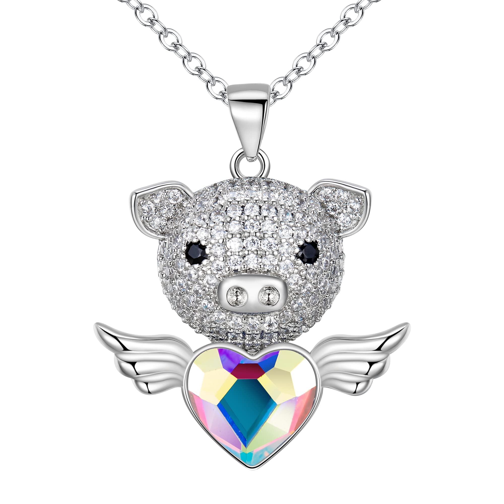 Clearine Women's Lovely Sweet Heart Piggy Pig CZ Crystal Wing Gemstone Pendant Necklace Iridescent AB Clear Silver-Tone