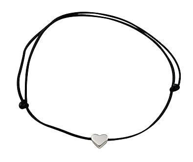 Nuoli Herz Fußkettchen Silber mit schwarzem Textil Band, Frauen Fußkette Größenverstellbar, Fußband Handmade in Germany, Nick