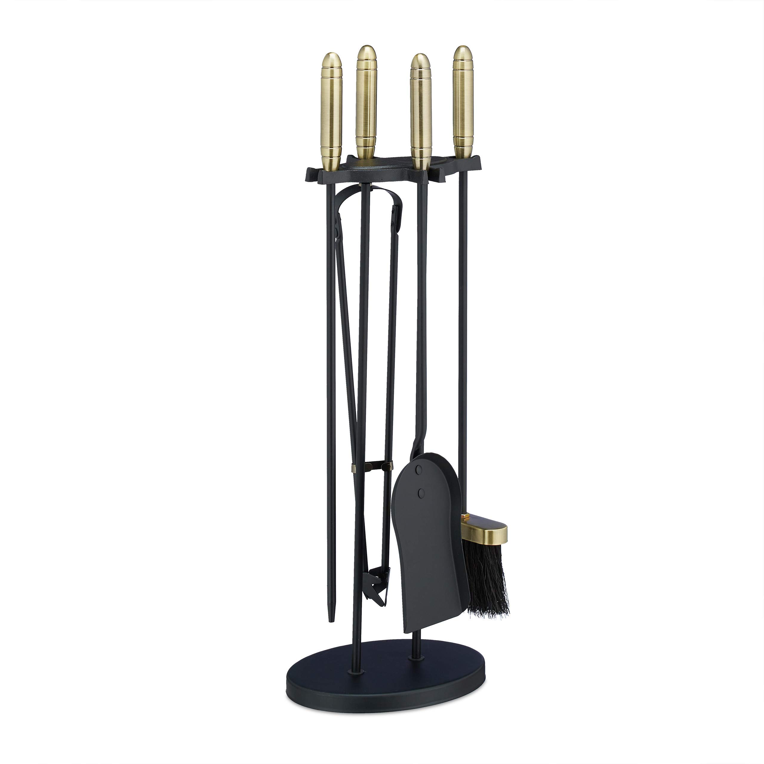 Relaxdays Fireplace Companion Tools, 5-Piece Set with Shovel, Broom, Poker, Tongs & Stand, Steel & Brass, Black/Gold