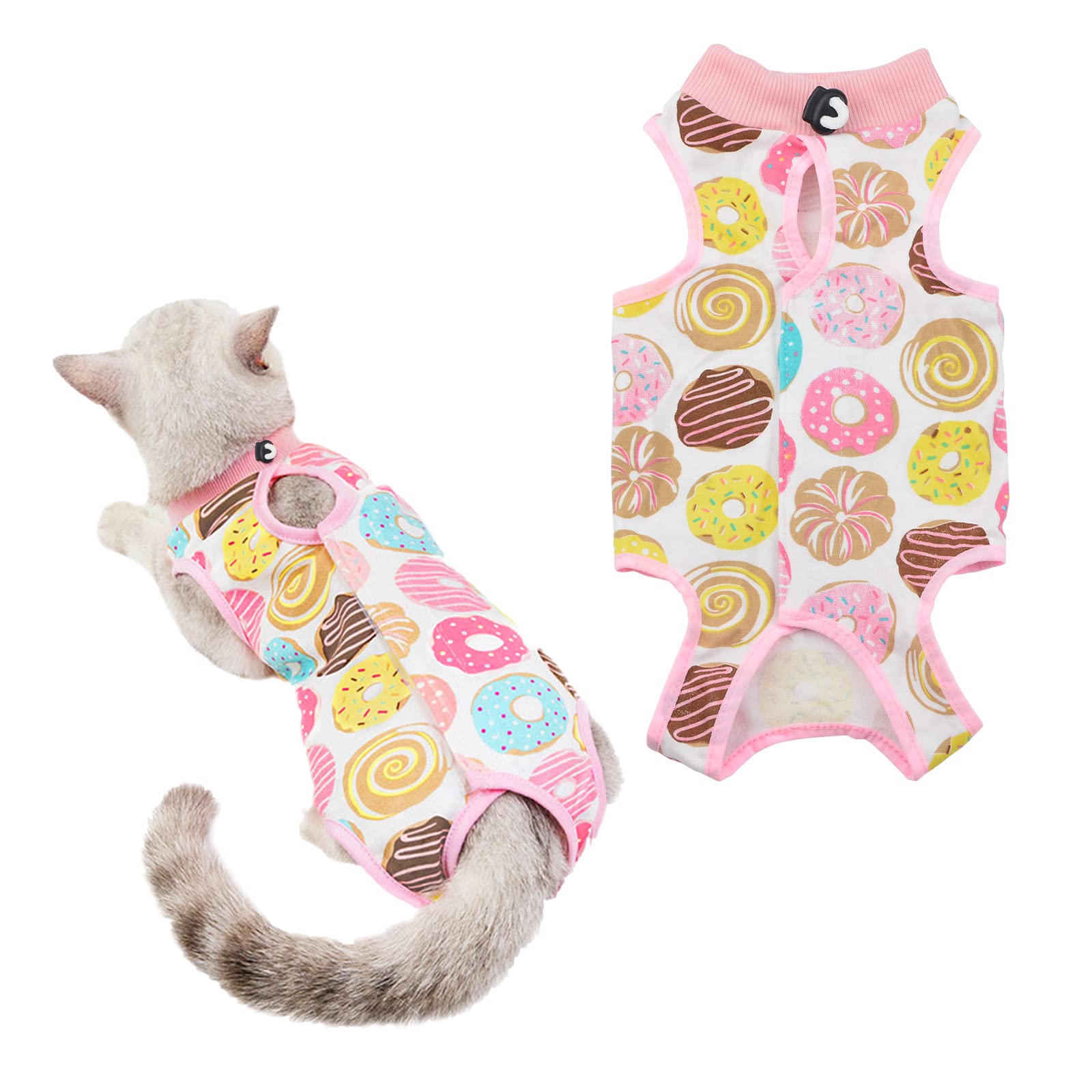 HACRAHO Cat Recovery Suit, 1 Pack Donut Pattern Cat Surgery Protective Shirt with Drawstring Breathable E-Collar Alternative for Cats and Puppies, S