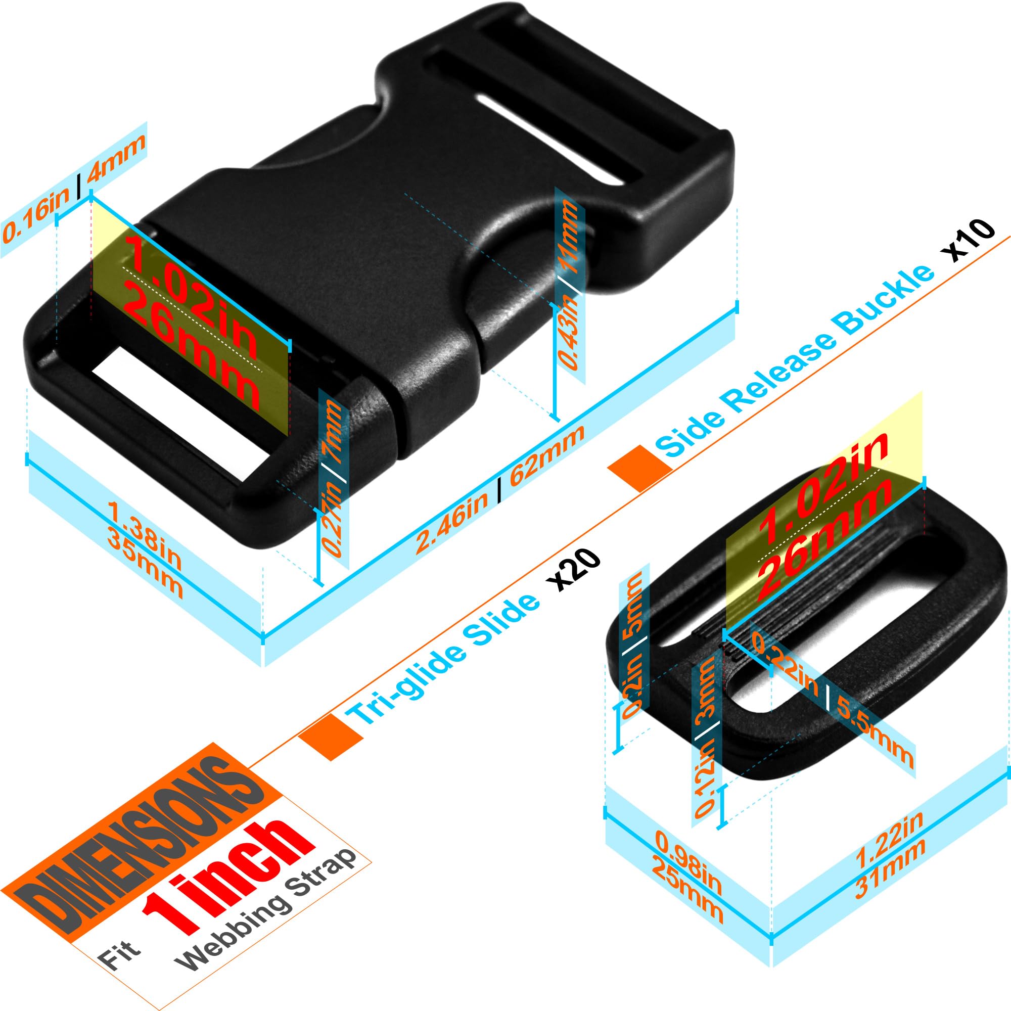 Buckles for 1 inch Wide Webbing Straps: Quick Side Release Buckle 10 set and Tri-Glide Slide 20 pcs Fit 1