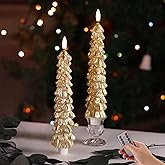 Eywamage Gold Christmas Tree Candles with Remote Set of 2, Real Wax Flickering Flameless LED Taper Candles Battery Operated