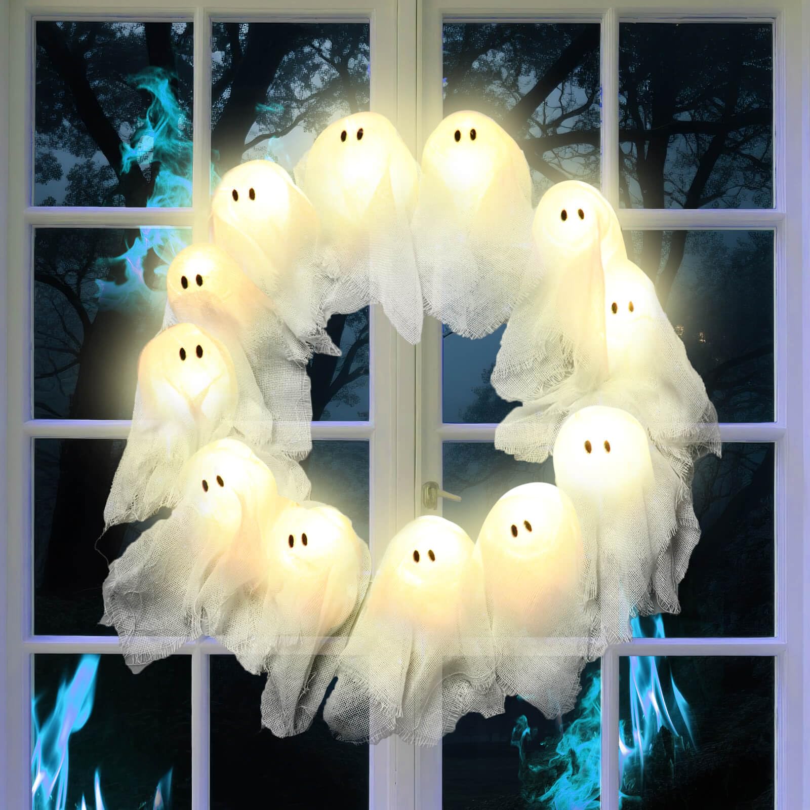 Photo 1 of CNRYRIO Halloween Ghost Wreath with 12 LED Lights - Light-Up White Ghost Garland for Front Door, Indoor Outdoor Hanging Decor, Window, Porch, Wall, Patio, Garden, and Halloween Party Home Decor