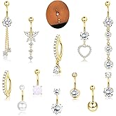 ZZHDCC 12Pcs Belly Button Rings Surgical Steel 14G Belly Rings for Women Sparkling CZ Opal Pearl Clicker Dangle Belly Button Ring Glod Hoop Curved Barbell Belly Piercing Jewelry