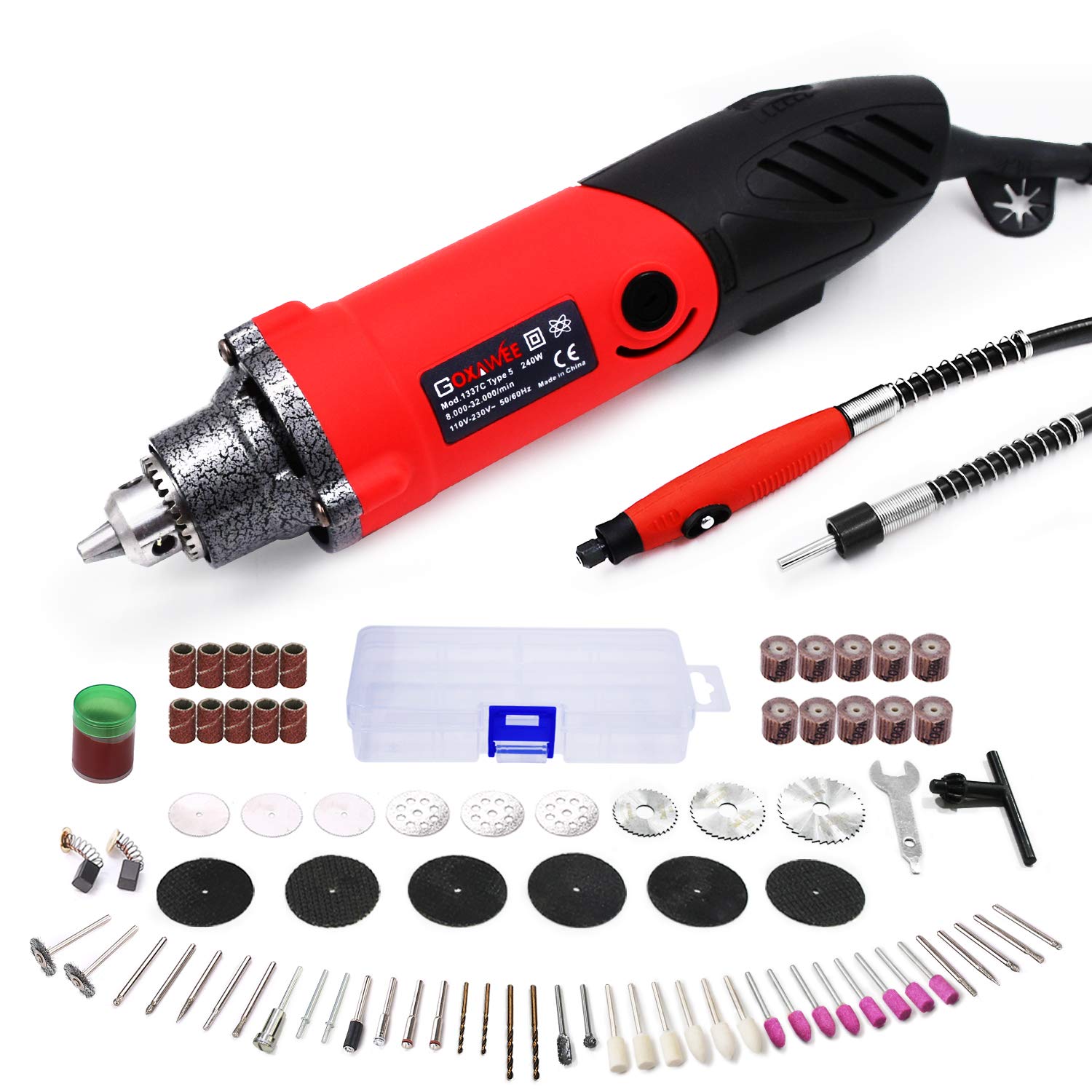 GOXAWEE Rotary Too Kit 240W/2.2 Amp - 82Pcs Multifunctional Power Tool Set with 1/4 inch Universal 3-Jaw Chuck (0.5-6 mm Collet), 6 Step Variable Speed, Advanced Flex Shaft & Versatile Accessories