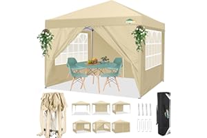 COBIZI 10x10 Pop Up Canopy Tent with 4 Sidewalls, Easy Up Canopy 10x10 Waterproof Commercial Outdoor Gazebo Portable Shelter Instant Tents for Parties,Backyard,Flea Market(Carrying Bag×1,Khaki