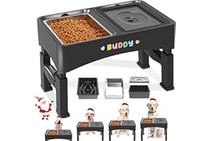 Decflow 3-in-1 Elevated Dog Bowls, 4 Height Adjustable Raised with Stainless Steel, Slow Feeder, No Spill Water Bowl, DIY Stickers Foldable Pet Bowl for Medium Large Dogs