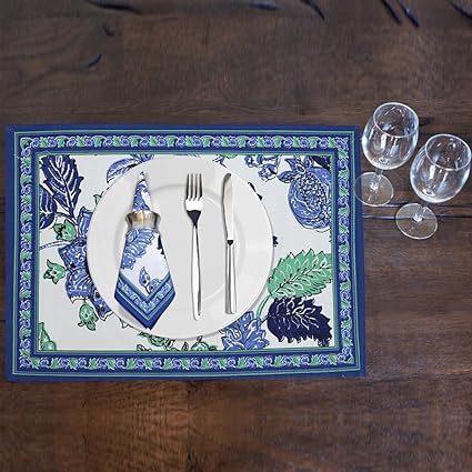 Cloth Fusion Cotton 6 Piece Dining Table Mats with 6 Pieces Napkins (Lagon, Mat - 13x19-inch, Napkin - 18x18-inch)