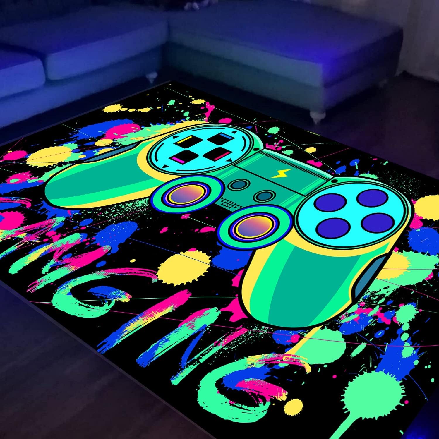 HOLAVIDA Blacklight Gaming Area Rug, Neon UV Reactive 3D Game Controller Carpet, Non-Slip Luminous Fluorescent Play Mat, Glow in The Dark Floor Mat for Playroom Game Room Decor, 180x120cm (Style-5)