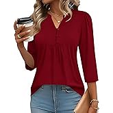 IECCP 3/4 Length Sleeve Womens Tops Dressy Casual Henley V-Neck Summer Tops Pleated T-Shirts Loose Fit Work Blouses