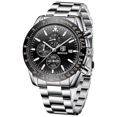 by BENYAR Watches for Men Chronograph Analog Quartz Waterproof Stainless Steel Men's Wrist Watches Business Work Sport Casual Classic Dress Watch Elegant Gifts for Men