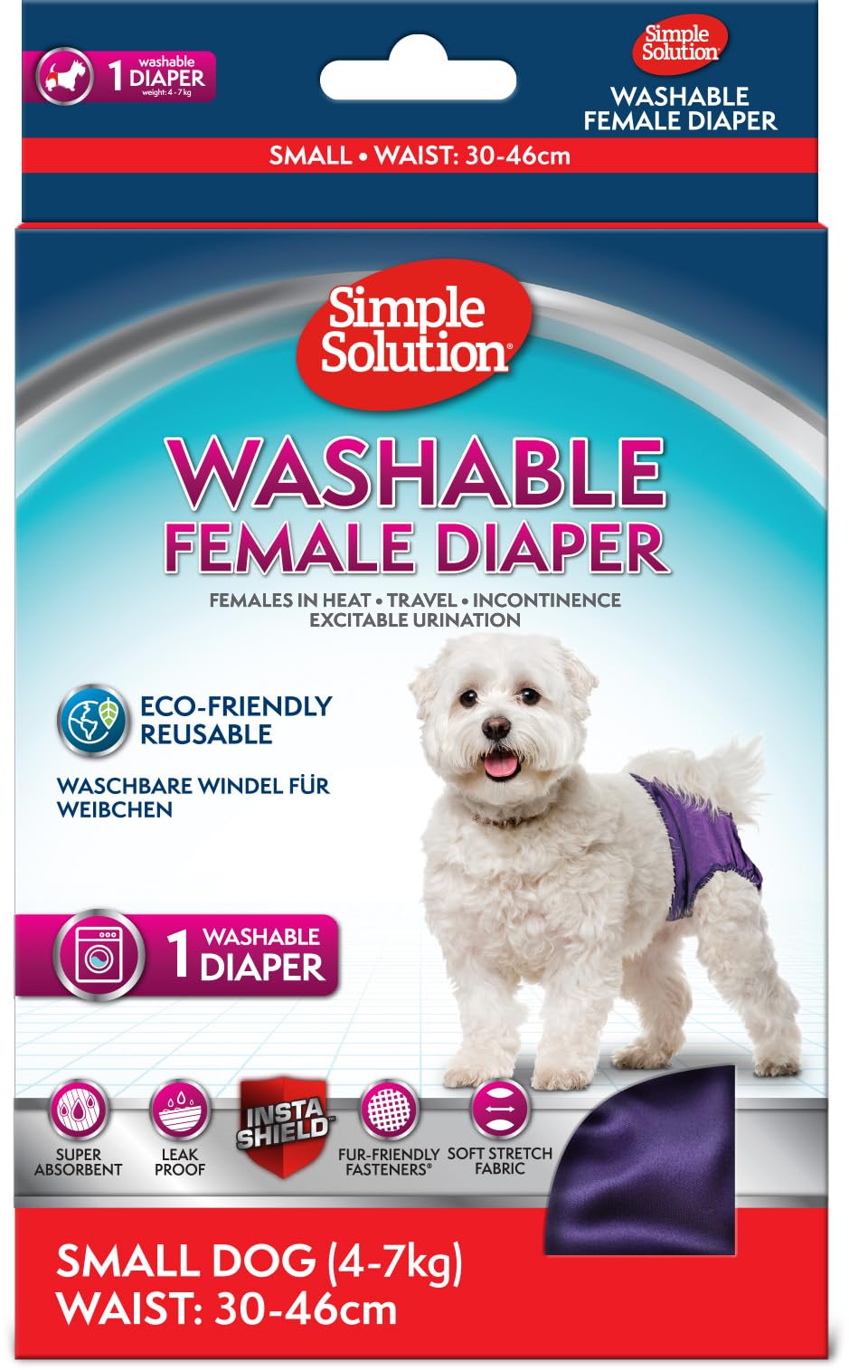 Simple Solution Washable Re-usable Female Dog Diapers, Absorbent with Leak Proof Fit for Excitable Urination or Incontinence - 1 x Small Dog Diaper