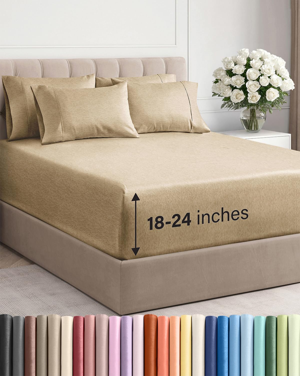 Photo 1 of Extra Deep Cal King Sheet Set - 6 Piece Breathable and Cooling Sheets - Hotel Luxury Bedding for Women, Men, Kids & Teens - Easy Secure Fit - Soft & Wrinkle Free - Extra Deep Pockets - Heathered Tan