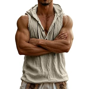 Mens Cotton Linen Sleeveless Hoodies Button Down Tank Tops Summer Casual Loose Beach Lightweight Hawaiian Tees Shirt