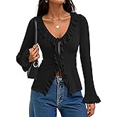 ZESICA Womens 2026 Fall Tie Front Bow Cardigan Sweaters Long Bell Sleeve V Neck Ruffled Knit Cropped Trendy Tops