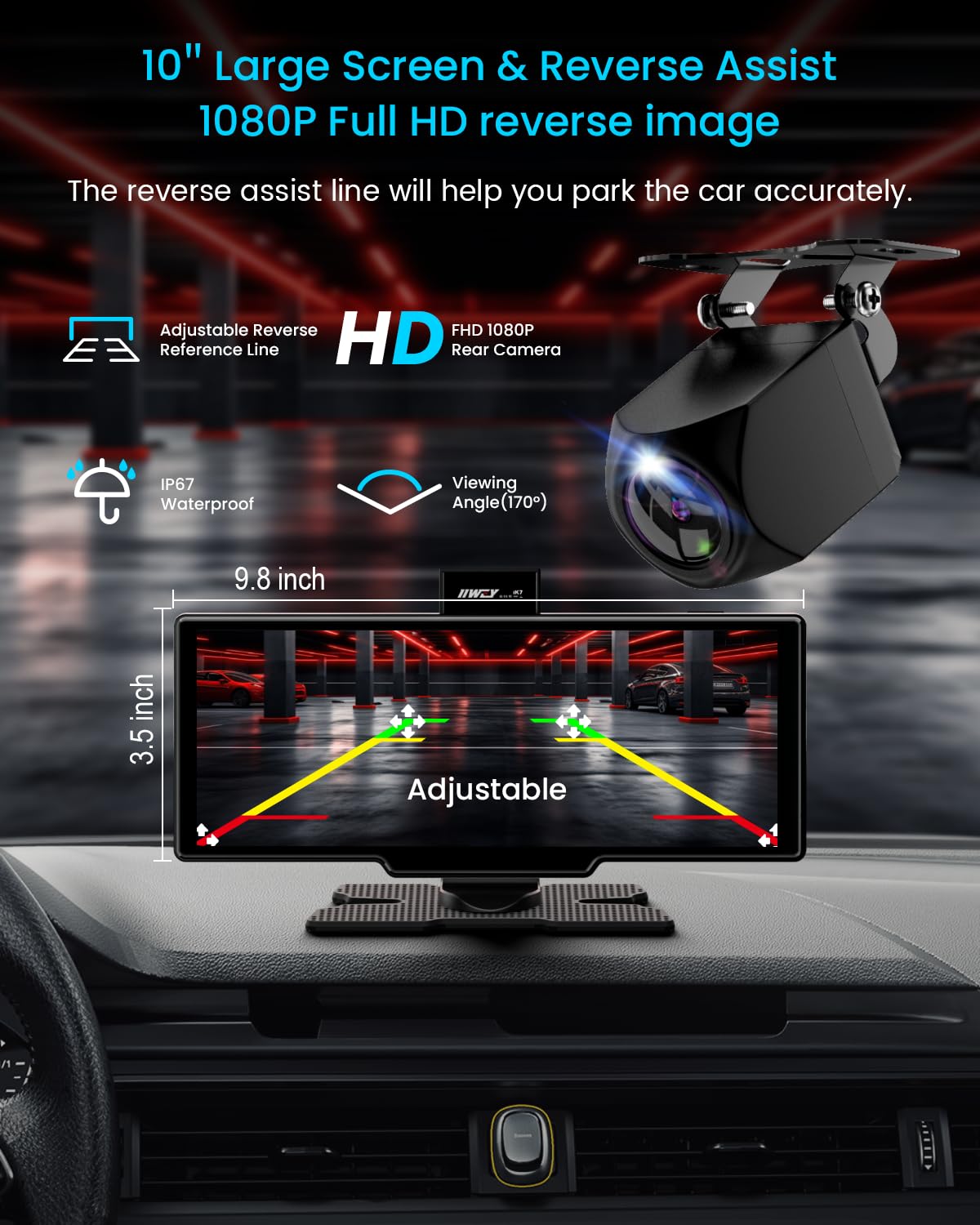 Portable Apple Carplay Screen, 10’’ Car Stereo Wireless Car Play & Android Auto Touch Screen, 4K Dash Cam, 1080P Backup Camera, Mirror Link/Voice Control/Music Play/GPS Navigation